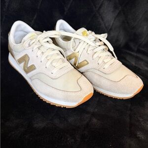 New Balance Beige and Metallic Sneakers